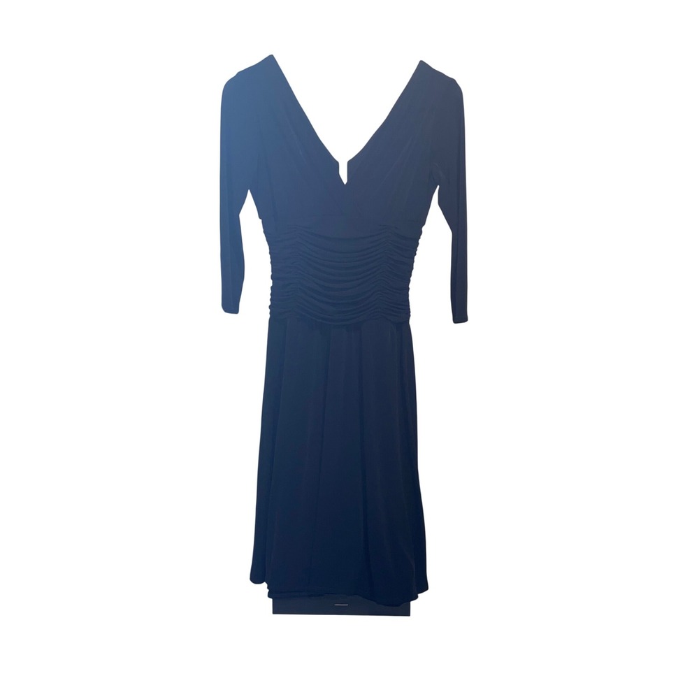 Classic Black Midi Dress Faux Wrap Ruched Waist 3/4 Sleeve Elegant Women's - Picture 3 of 5